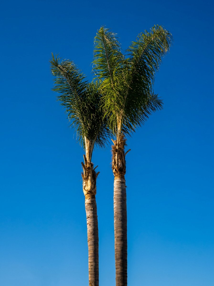 Tall queen palm trees against a clear blue sky in a residential yard